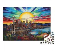 StainedGlassSeattleView 1000 Pieces Puzzle ForAdults Kids Beautiful View Seattle Cityscape Art Decoration Puzzle Decompression Jigsaw for Men And Women Challenging Puzzles Jigsaw 38x26cm/1000pcs