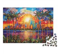 StainedGlassSunsetCity 1000 Pc Thick Cardboard Jigsaw Puzzle Bundle Family Lovers Stress Relief 38x26cm/1000pcs