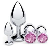Stainless 4-PCS Anal Plug Set, Beginner Sizes, Pink Wide Jewel Base for Safe & Secure Couples & Singles