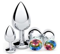 Stainless 4-PCS Anal Plug Set, Small Sizes, Colorful Wide Jewel Base for Safe & Secure Couples & Singles
