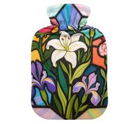 Stainless Glass Colorful Flowers Lily hot Bottle Water Bag with Soft Cover, 2L hot compresses for The Body for Hand Feet Warmer, Arthritis, bolsas de agua Caliente para Dolores
