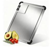 Stainless Non Stick Chopping Board, Titanium Cutting Board with Grooves, Double Sided Food-Grade Chopping Board, with Knife Sharpener, Anti-Slip Silicone, for Cutting Meat Vegetable Fruit 15''*11''