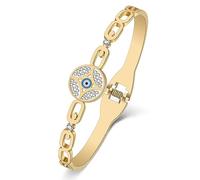 Stainless Steel 18K Gold Silver Plated Novelty Round Rhinestone Evil Eye Bangle Hollow Out Cuff Bracelets Fun Jewellery For Women Charms Gifts (Gold)