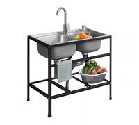 Stainless Steel 2 Bowl Kitchen Sink with Bracket, Freestanding Outdoor Utility Sink for Restaurant, Laundry, Garage