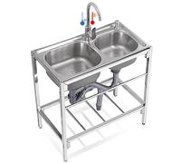 Stainless Steel 2 Compartment Utility Sink for Commercial Kitchen - Hand Wash Basin w/Cold Hot Water Tap, Ideal for Outdoor, Garage, Laundry & Utility Room, 83cm