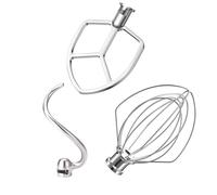 Stainless Steel 3 Piece kit Attachments for KitchenAid Stand Mixer and 5.5-6 Quart Bowl, Dishwasher Safe (5.5-6QT Flat Beater, 6QT Dough Hook, KN256 6-Wire Whip Attachment)