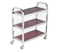 Stainless Steel 3-Tier Serving Trolley with Brake - Detachable Kitchen & Catering on Wheels - Wooden Top - Ideal for Bathroom & Home Use - Versatile ty Trolley
