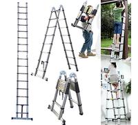 Stainless Steel 5M Telescoping Folding Ladder with Stabiliser, 2.5M+2.5M A Frame Extension Ladder, Max Load 330lb, EN131 Certificated