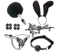Stainless Steel Anal Butt Plug Costume Set, 6 Pcs SM Adult Couple Game Toys Rabbit Tail Anal Plug Bunny Ears Headband Blindfold Gag Ball Nipple Covers Underwear (Black)