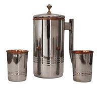 Stainless Steel and Pure Copper Water Pitcher with 2 Matching Tumblers for Ayurveda Health Benefits (Bottom Lining with Brass Knob)