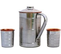 Stainless Steel and Pure Copper Water Pitcher with Matching Tumblers | Steel and Copper Pitcher for Drinking Ayurvedic Water (57.48 fl. Oz.)