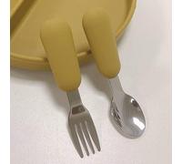 Stainless Steel and Silicone Toddler Cutlery (Spoon & Fork) by Aloonii (Mustard)