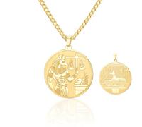 Stainless Steel Anubis Necklace Double Sided Egyptian Pendant Coin Jewelry | Double-sided design: one side shows Anubis heart weighing ritual, the other pyramid guardian scene