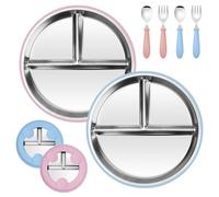 Stainless Steel Baby Plate Set - 2 Pack 23cm Stainless Steel Plates Kids with Suction Cup, Silicone Plates For Toddlers with Spoons & Forks, Round Divided Toddler Plate for Healthy Meals and Snacks
