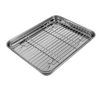 Stainless Steel Baking Pan with Cooling Rack for Toaster Oven | Silver Two Piece Set, Nonstick Smooth Surface, Elevated Airflow for Vegetables and Bread