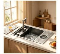 Stainless Steel Bar Kitchen Sink with Cover, Multifunction Inset Sink with Foldable Faucet and Glass Rinser, Hidden Sink with Cutting Board, X Drainage and Overflow for Small Kitchen(58x32cm)