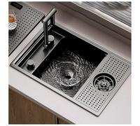 Stainless Steel Bar Kitchen Sink with Cover, Multifunction Prep Sink with Foldable Faucet and Glass Rinser, Hidden Sink with Cutting Board, X Drain & Overflow for Small Kitchen(70x40cm)