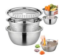 Stainless Steel Basin Strainer Bowl with Colander, Salad Spinner and Veggie Washer, Multi-Functional Stainless Steel Rice Rinser and Food Grater Container for Pasta, Fruits, Berries