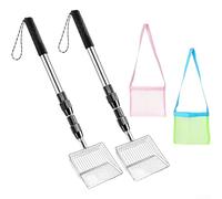 Stainless Steel Beach Sand Scoop with Adjustable Handle, Shell Collector Sifter Tool with Mesh Bag for Seashells and Sea Glass, Sand Sieve for Treasure Hunting on Shores(2+2)