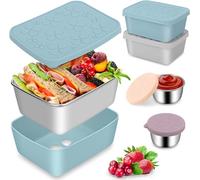 Stainless Steel Bento Lunch Box Set 3Pack , Leak-Proof 28.7OZ Divided Metal Food Storage Container Boxes with Silicone Lid and Protective Sleeve, with Condiment Sauce Cup and Snack Containers-Rose