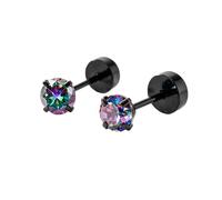 Stainless Steel Black Aurora Borealis CZ Screw Back Flat Back Stud Earrings, 1 Pair 4 mm (0.2") Black Tone Hypoallergenic Small Studs for Sensitive Ears
