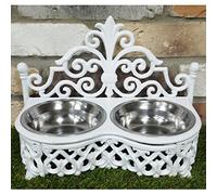 Stainless Steel Bowls & White Cast Iron Raised Stand Dog Cat Food Water Feeder Feeding Dishes