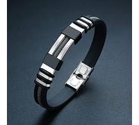 Stainless Steel Bracelet Men Wrist Band Black Grooved Rudder Silicone Mesh Link Insert Punk Wristband Stylish Casual Bangle-BS-106SB,21.5cm 8.5 inches