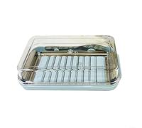 Stainless Steel Butter Keeper Featuring a Multi-Use Lid That Seals and Slices Butter with Minimal Effort (blue base)