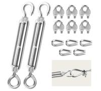 Stainless Steel Cable Tensioner With Hook Rings, Adjustable Bolt Fence Kit, 2 X M6 Tension Bolts, 5 X Steel Wire Rope Loops, 6 X Rope Clamps, Suitable For Ropes And Fence Tensioning Applications.