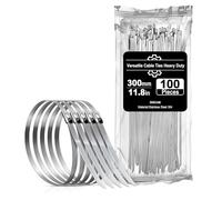 Stainless Steel Cable Ties, Deecam 100 Pcs 4.6×300mm Metal Cable Tie, 304 Stainless Zip Ties with Steel Ball Stopper, Suitable for Exhaust Wrapping, Binding Tie, Garden Repair and Fixed Fence(100 Pcs)