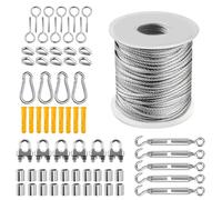 Stainless Steel Cable Wire Rope Hooks Kit, Turnbuckle Wire Tensioner Set, 7×7 Strands Steel Cable Hanging Kit, 30M 2MM Metal Garden Wires for Fence Trellis String Lights Picture Hanging