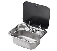 Stainless Steel Camper Sink with Cold & Hot Faucet Outdoor Drop-In Lavello with Cover Square Hand Wash Sink for Van & RV Kitchen