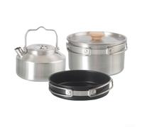 Stainless Steel Camping Cookware Set 3-Piece Stackable with Folding Handles | Nesting design for portable storage Non-stick interior for easy cleaning Suitable for 1-2 people Includes pot pan kettle