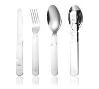 Stainless Steel Camping Cutlery Set of 4, Classic German Army Cutlery Set, Practical Outdoor Travel Cutlery, Interlockable, with Knife, Fork, Spoon and Can Opener