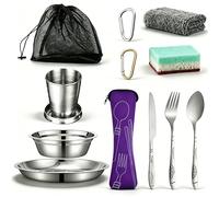 Stainless Steel Camping Mess Kit 12-Piece Set - Scout Style Portable Camping Utensils Dinnerware Dishes Cutlery with Mesh Storage Bag, Dishwasher Safe for Youth Scouting, Hiking, Picnics, School Camp