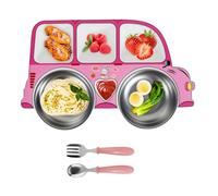 Stainless Steel Car Divided Plate for Toddlers with Spoon and Fork, Creative Fun Kid Plate for Picky Eaters, Cute Cartoon Car Design Kids Dinnerware Set for Home Picnic Outdoor Activity(Pink)