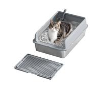 Stainless Steel Cat Litter Box, 60x40x25cm High Sided Metal Litter Tray with Scoop & Mat, Leak-Proof Enclosed Design, Non-Stick & Odour-Resistant for Cats & Rabbits - Grey