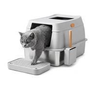 Stainless Steel Cat Litter Box Enclosed 2 Way Entry 60x40x40cm with Scoop Footboard Hooded Odor & Scratch Resistant Light Grey