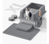 Stainless Steel Cat Litter Box - Enclosed XL Metal Kitty Litter Box with Lid for Big Cats, High Sided, Anti-Leakage, Easy Cleaning, Non-Sticky, Included Litter Mat, Cat Bowl & Spoon