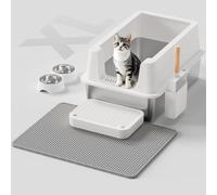 Stainless Steel Cat Litter Box - Enclosed XL Metal Kitty Litter Box with Lid for Big Cats, High Sided, Anti-Leakage, Easy Cleaning, Non-Sticky, Included Litter Mat, Cat Bowl & Spoon