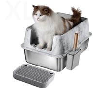 Marble Design Stainless Steel Cat Litter Box - Easy to Clean - XL Extra Large Size - Never Absorbs Odors - Leak Proof Lid - High Sided - Low Entry - Multicat - Semi Enclosed with Scoop & Step Included