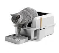 Stainless Steel Cat Litter Box High Sided With Scoop and Footboard 60x40x30cm Easy Clean Odor & Scratch Resistant Light Grey