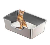 Stainless Steel Cat Litter Box, Large Metal Cat Pan Box, 6 Inch High Sides Low Entry Kitten Litter Boxes, Litter Pan for Older Cats, Easy Cleaning, Non Stick, No Smell, 17.7" x 13.8", Gray