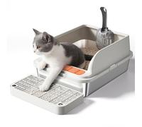 Stainless Steel Cat Litter Box, Metal Kitty Litter Box Includes Litter Mat & Scoop, Easy Cleaning Anti-Scratch Kitty Cat Box Anti-Urine Leakage, Non-Sticky, Light Gray
