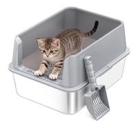 Stainless Steel Cat Litter Box, Metal Kitty Litter Box with High Sides for Small Cats,Kittens, Open Top Litter Boxes with Anti-Leak Lid,Odorless,Non-Sticky, Easy to Clean,Scoop Include