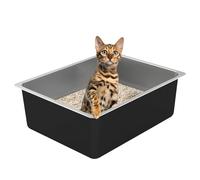 Stainless Steel Cat Litter Box - Metal Medium to Large High Sided Litter Pan Tray, Easy to Clean No Stick No Smell Litterbox Toilet for Indoor Kitty, Kitten, Rabbit, Puppy (Black, 17.7" x13.8" x6")