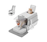 Feandrea Stainless Steel Cat Litter Box with Flip Lid, Scoop, Litter Mat, 2 Doors, for Cats up to 15 kg, Light Grey PPT007GD01