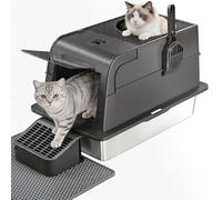 Stainless Steel Cat Litter Box with Flip Lid, XXL Enclosed Cat Litter Tray with Scoop, Step & Litter Mat, Front & Top Entry, Non-Stick Metal Cat Toilet with Carbon Filter for Large Cats