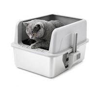 Stainless Steel Cat Litter Box with High Sides 44x34x21.5cm Scoop Odor & Scratch Resistant Light Grey for Cats Medium Size