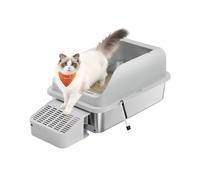 Stainless steel cat litter box with high sides and step, Dove Grey